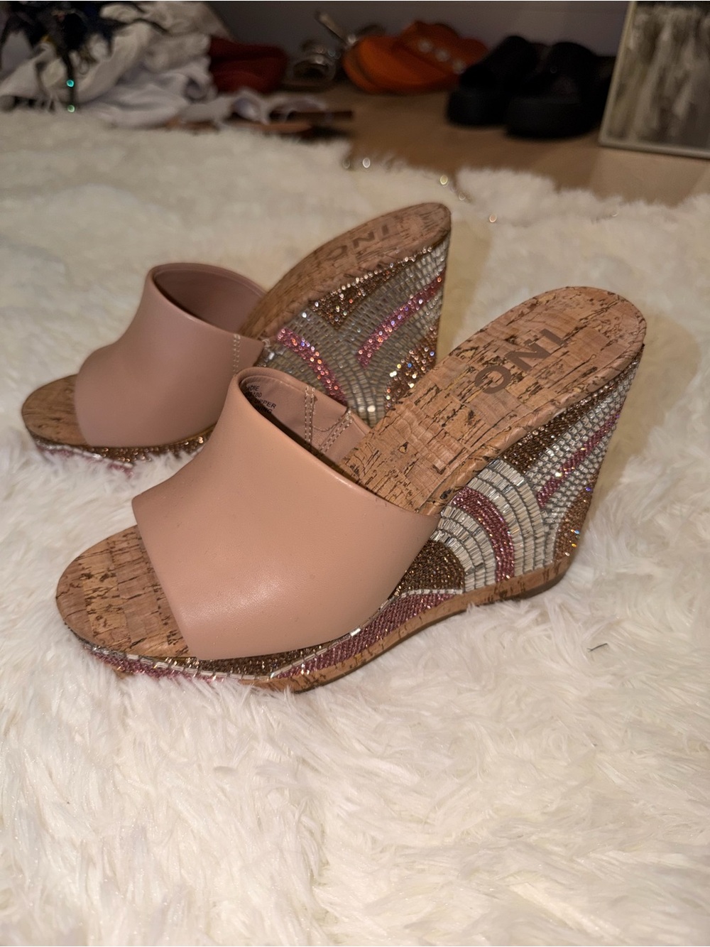 NWOT INC platform embellished stone slip on wedges